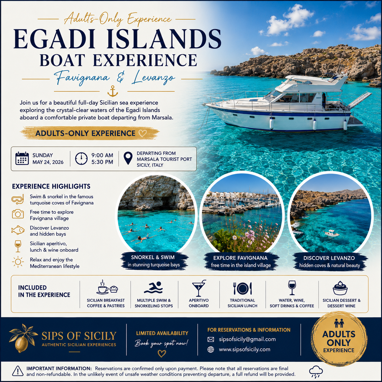 Egadi Islands Boat Experience – Favignana & Levanzo (Adults Only)